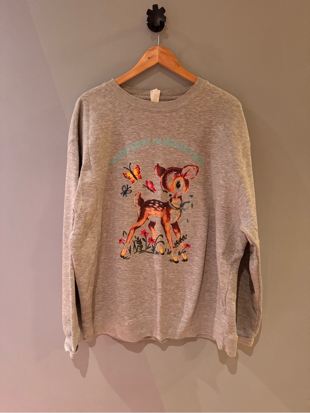 The Smiths “Heaven Knows” Deer Graphic Gray Crewneck Sweater